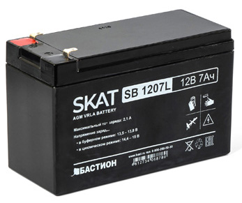 SKAT SB 1207L , 12v, 7ah, maximum charge current 2.1 a. terminal type - f1 knife. case size - 66x151x100. weight - 1.6 kg. service life - 6 years. warranty - 18 months. Бастион 