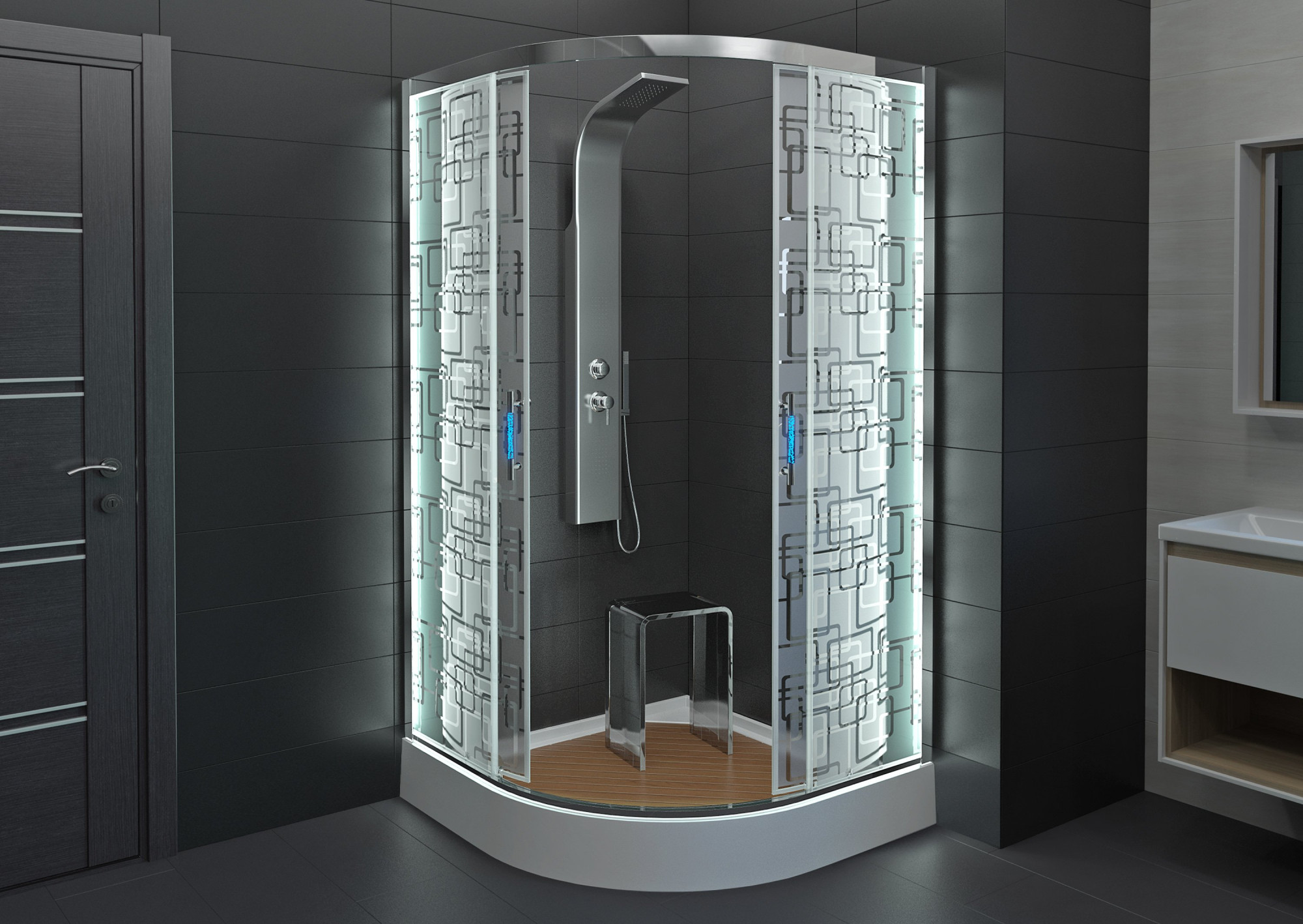 BМ4590 с гидромассажем BLACK Душевая кабина DETO Серия ВМ Душевое ограждение С 01 LED