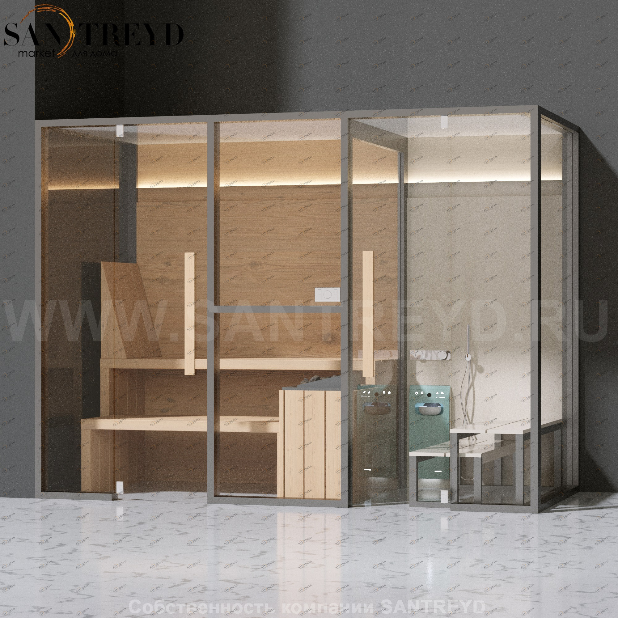 Effegibi MIDFILO LO71010002 Комбинированная баня: хаммам - душ и сауна. Установка: в левый угол. Мощность: 11 кВт макс. Размеры: длина 300 см, ширина 137 см. Отделка: канадский хемлок, матовый лакированный серый аллюминий и бежевый ламинат из керамогранит