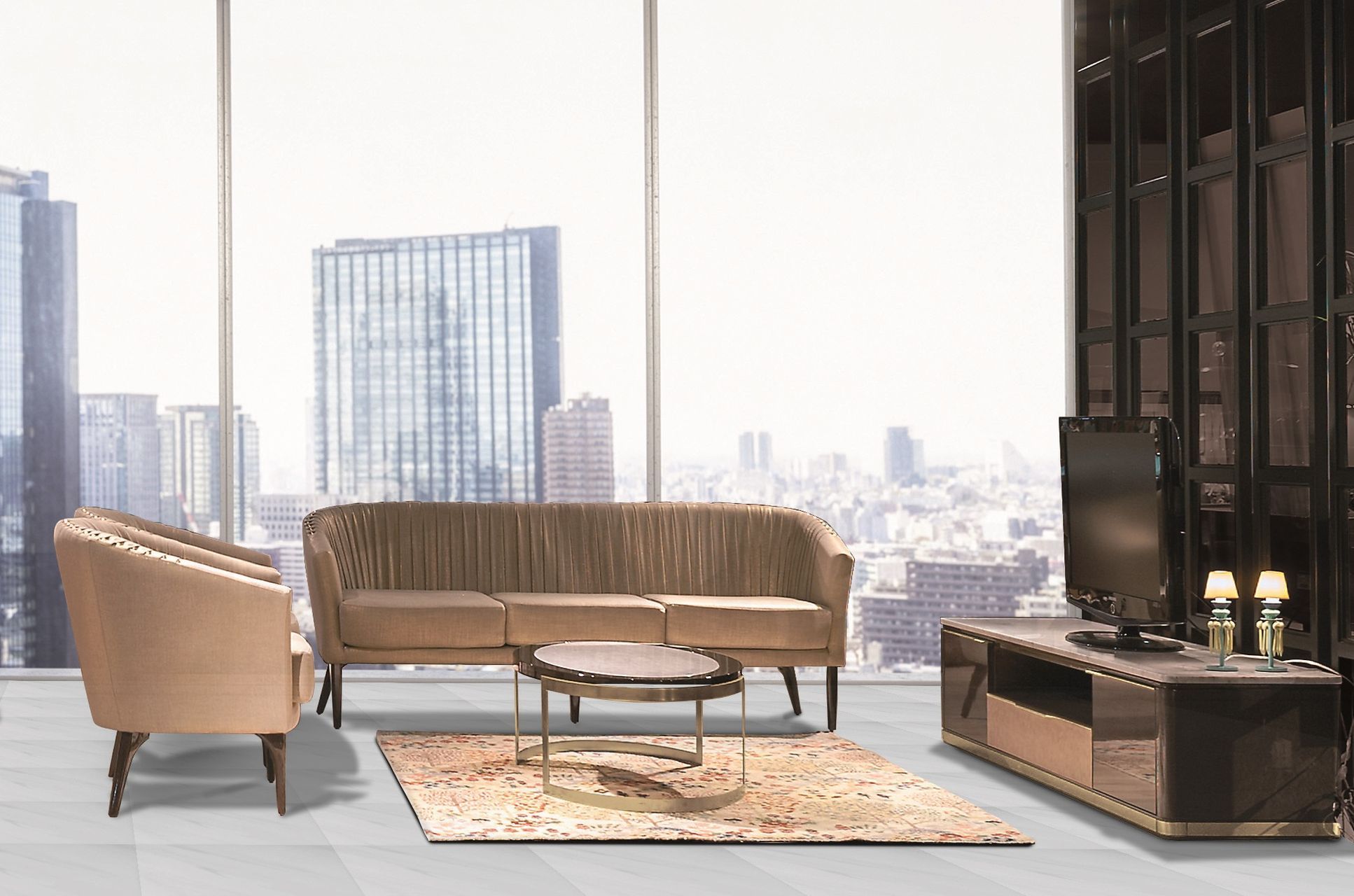 Деревянный и мраморный шкаф для телевизора с ящиками и кожаными вставками Hurtado Evolution ARCH-00000744 - Вид №2