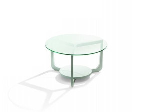 Низкий круглый журнальный столик со стеклянной столешницей