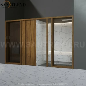Effegibi YOKU.D SH YO.20310001 Комбинированная баня: хаммам и сауна. Установка: в нишу. Мощность: 10,5 кВт макс. Размеры: длина 342 см, ширина 170 см. Отделка: чёрный орех и светлый керамогранит