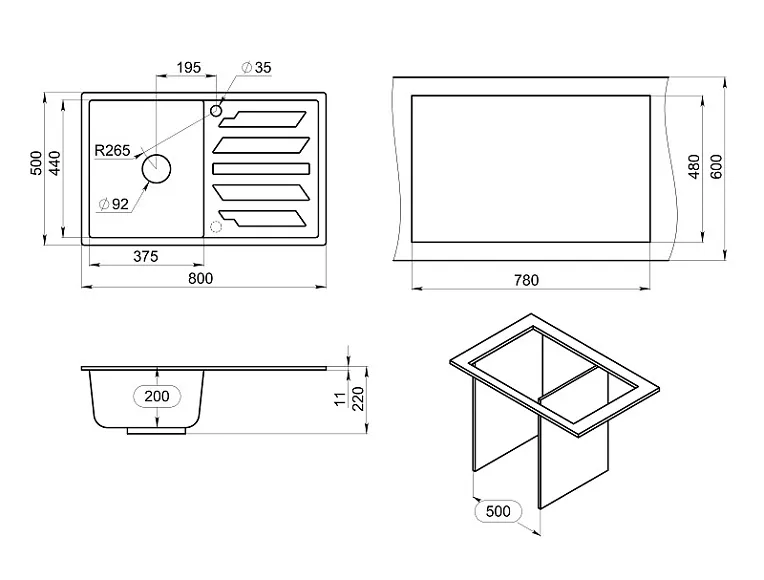 8002, ЧЁРНЫЙ, кухонная мойка, кварц GRANULA 8002-ST218 - Вид №3