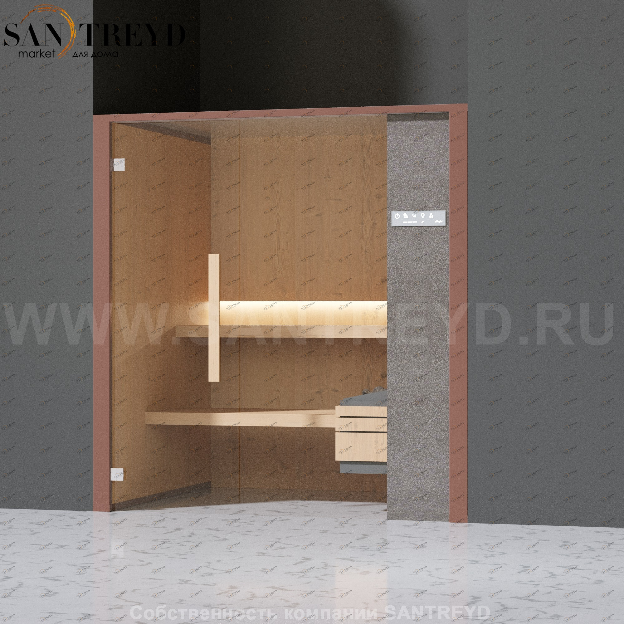 Effegibi ONEFILO S LO51030009 Сауна. Установка: в нишу. Правая дверь. Мощность: 4,5 кВт макс. Размеры: длина 214 см, ширина 171 см. Отделка: матовый лакированный коричневый аллюминий и темный ламинат из керамогранита.