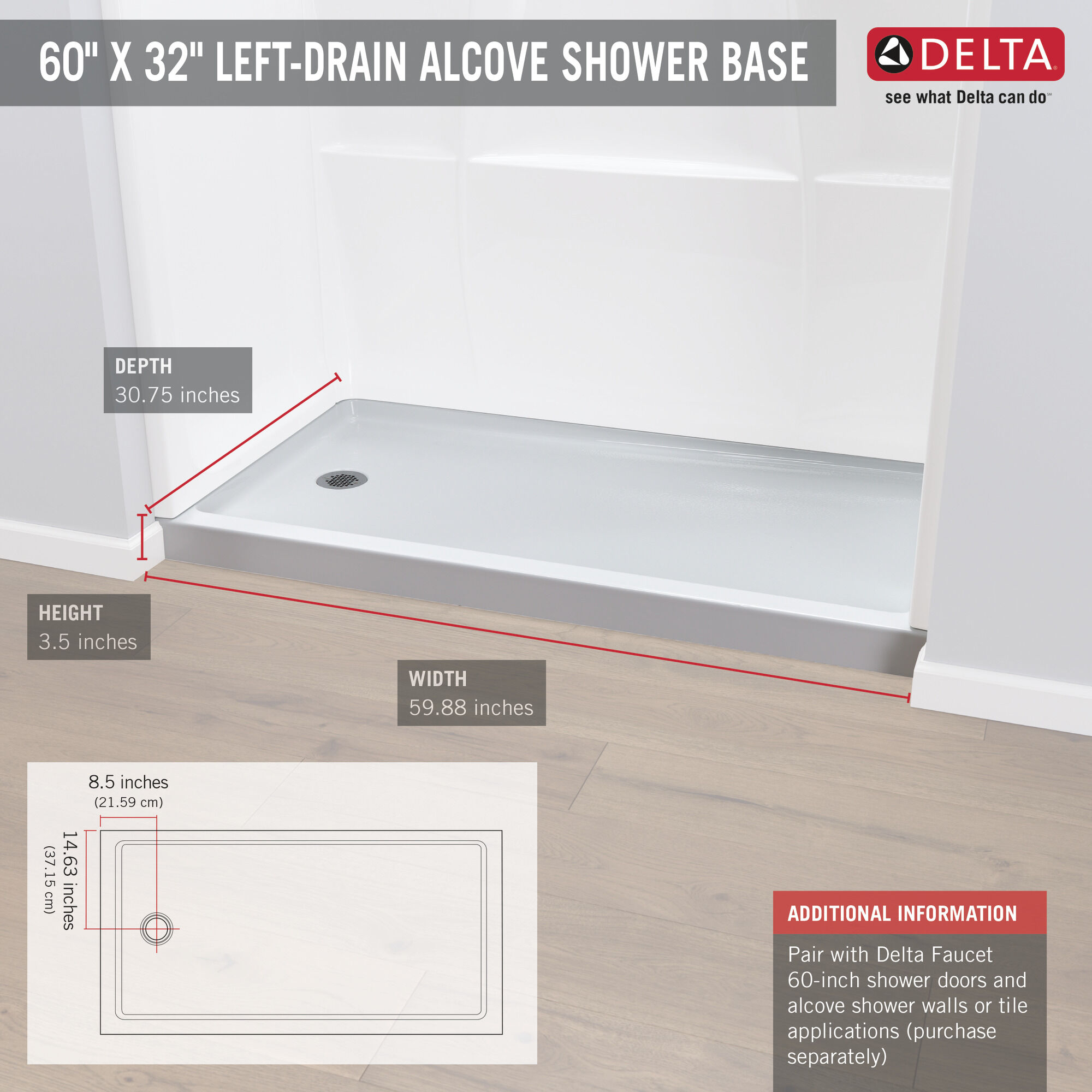 Подставка для душа 60 x 32 дюйма - левый слив Delta Faucet 40094L - Вид №13