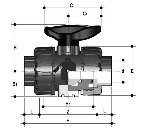 SANIT 852750210823321 2-ходовой шаровой кран d 16-63, ВКД DualBlock®, PVC-U, клей рукав  - Вид №1