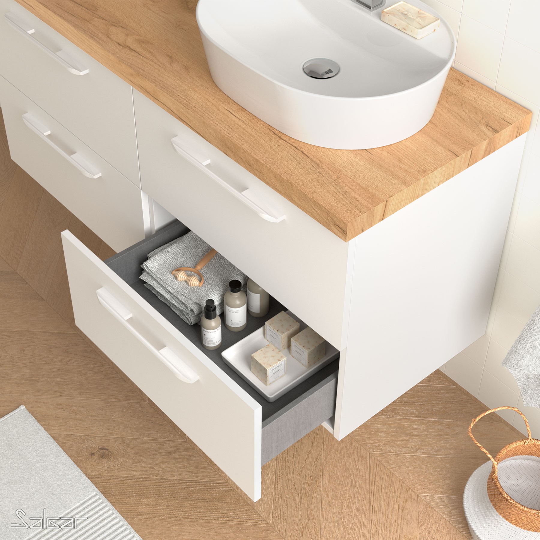 81699 SALGAR Мебель для умывальника FUSSION CHROME 600 2 ящика WHITE COTTON 598 x 540 x 450 мм Белый хлопок - Вид №2