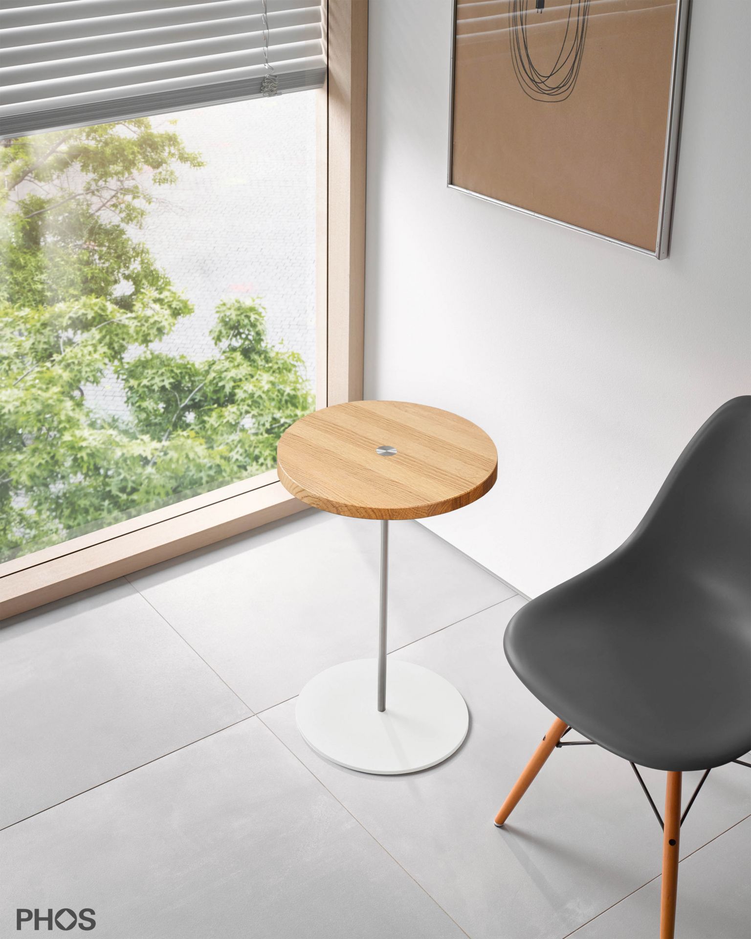 BT600-Eiche-BPW Приставной столик, высота 40 см, столешница из дуба, основание белое PHOS  - Вид №1