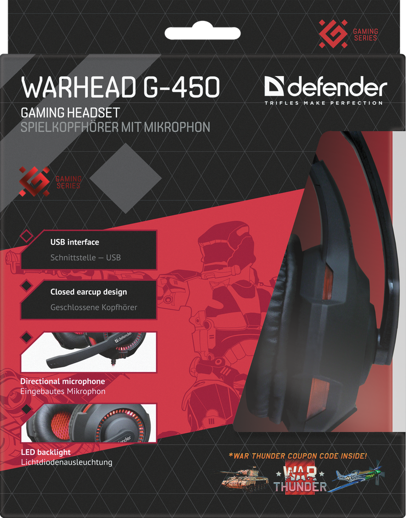 64146 игровая гарнитура warhead g-450 usb, подсветка, кабель 2,3 м Defender Santreyd  - Вид №6