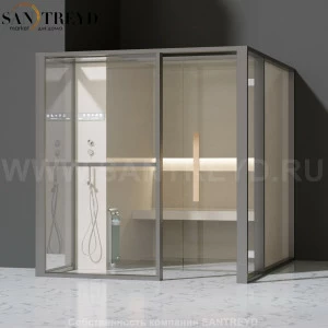 Effegibi LOGICAFILO H LO31010014 Хаммам. Установка: в левый  полуугол. Левая дверь. Мощность: 4,5 кВт макс. Размеры: длина 214 см, ширина 250 см. Отделка: матовый лакированный серый аллюминий и бежевый ламинат из керамогранита.