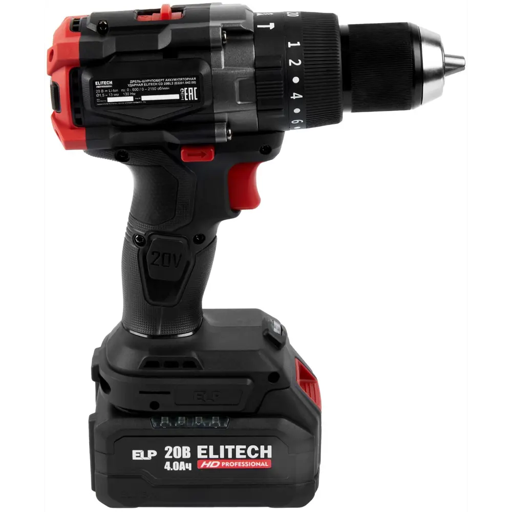 89399011 Дрель-шуруповерт аккумуляторная бесщеточная Elitech HD CD 20BL2 20 В Li-ion 2x4 Ач STLM-1422223  - Вид №5
