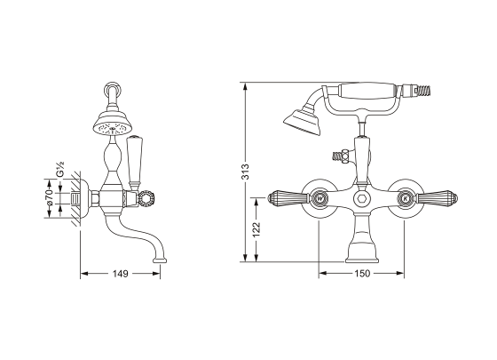 Смеситель для ванны с душевым гарнитуром ½“, настенный монтаж JOERGER Delphi Deco 129.20.100.000-AA - Вид №1