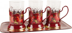 10604608 Жостовская фабрика декоративной росписи Набор из 3 подстаканников в шкатулке с подносом У-187 (худ.роспись) Латунь