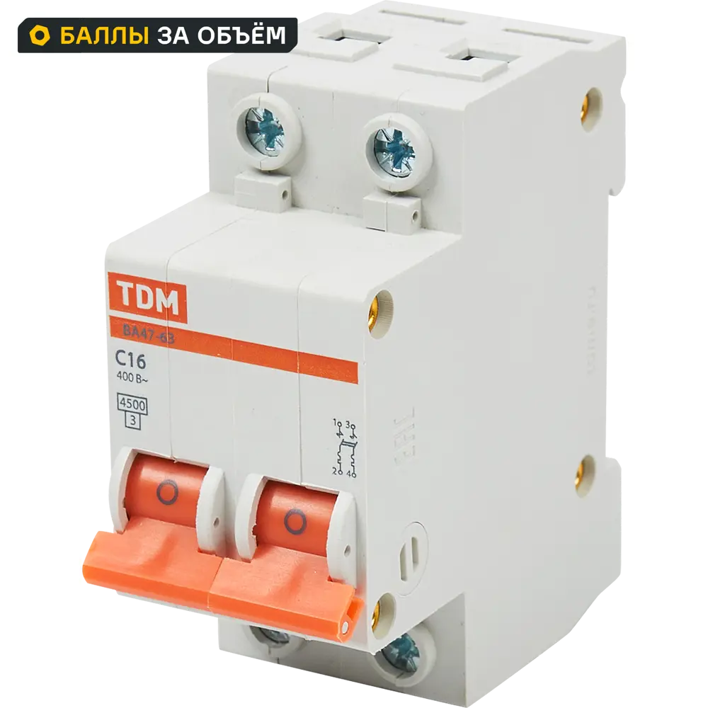 Автоматический выключатель TDM Electric ВА47-63 2P C16 А 4.5 кА SQ0218-0011 STLM-2176129