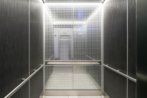 FSRT752 Интерьер лифта Levele-105 с индивидуальной компоновкой панелей; Панели захвата из стекла vivigraphix graphica с прослойкой из нестандартного узора, склеенный алюминий с темной патиной и рисунком травы, нержавеющая сталь с отделкой под морской каме