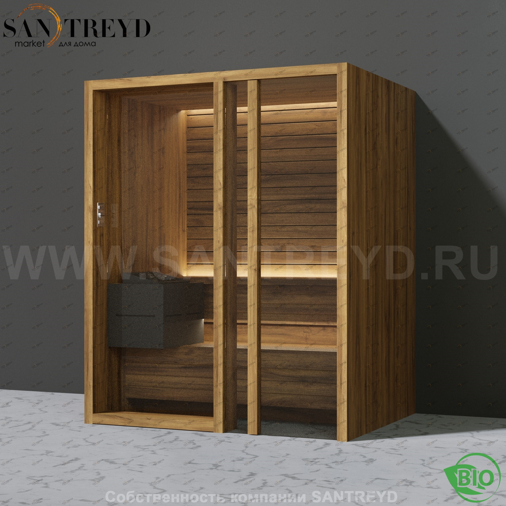 Effegibi YOKU.G45 BI.70300023 Био-сауна с правой дверью. Мощность: 4,5 кВт макс. Размеры: длина 174 см, ширина 132 см. Отделка: термообработанное дерево BI70300023