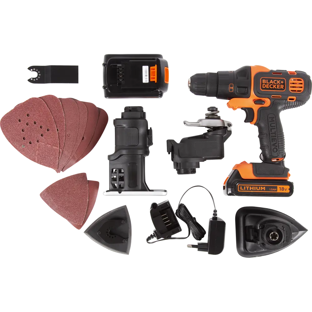 Дрель-шуруповерт аккумуляторная Black&Decker Multievo, 18 В Li-ion 2х1.5 Ач, набор универсальных насадок BLACK + DECKER STLM-2070097 - Вид №6