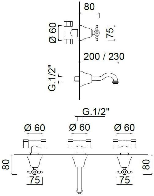 Смеситель для умывальника настенный на 3 отверстия Parigi 7322 Santreyd - Вид №1