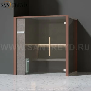 Effegibi ONEFILO H LO61030006 Хаммам. Установка: в левый угол. Левая дверь. Мощность: 4,5 кВт макс. Размеры: длина 214 см, ширина 171 см. Отделка: матовый лакированный коричневый аллюминий и темный ламинат из керамогранита.