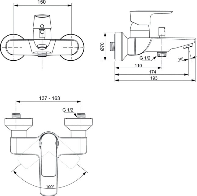 A7033A2 Настенный смеситель для ванны/душа Ideal Standard CONNECT AIR - Вид №3
