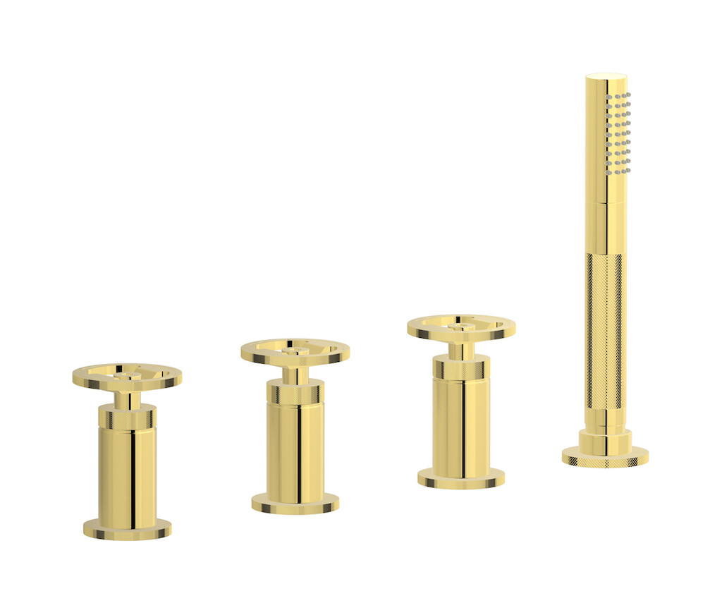 Смеситель на бортик ванной на 4 отверстия с изливом, дивертером и душевым гарнитуром. WE ARE IB b1397oo Gold Bold