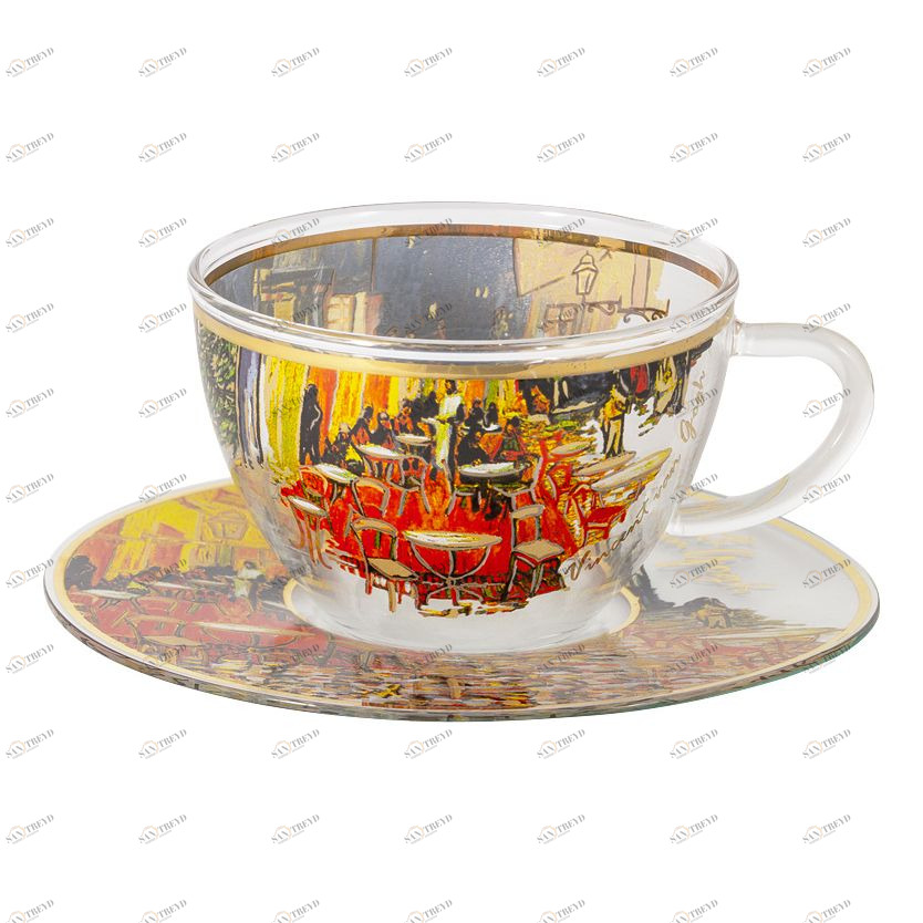 Чашка стеклянная с блюдцем синяя с оранжевым "Ночная терраса кафе" (В. Ван Гог) CARMANI В. ВАН ГОГ 00-3946867 Оранжевый;синий 