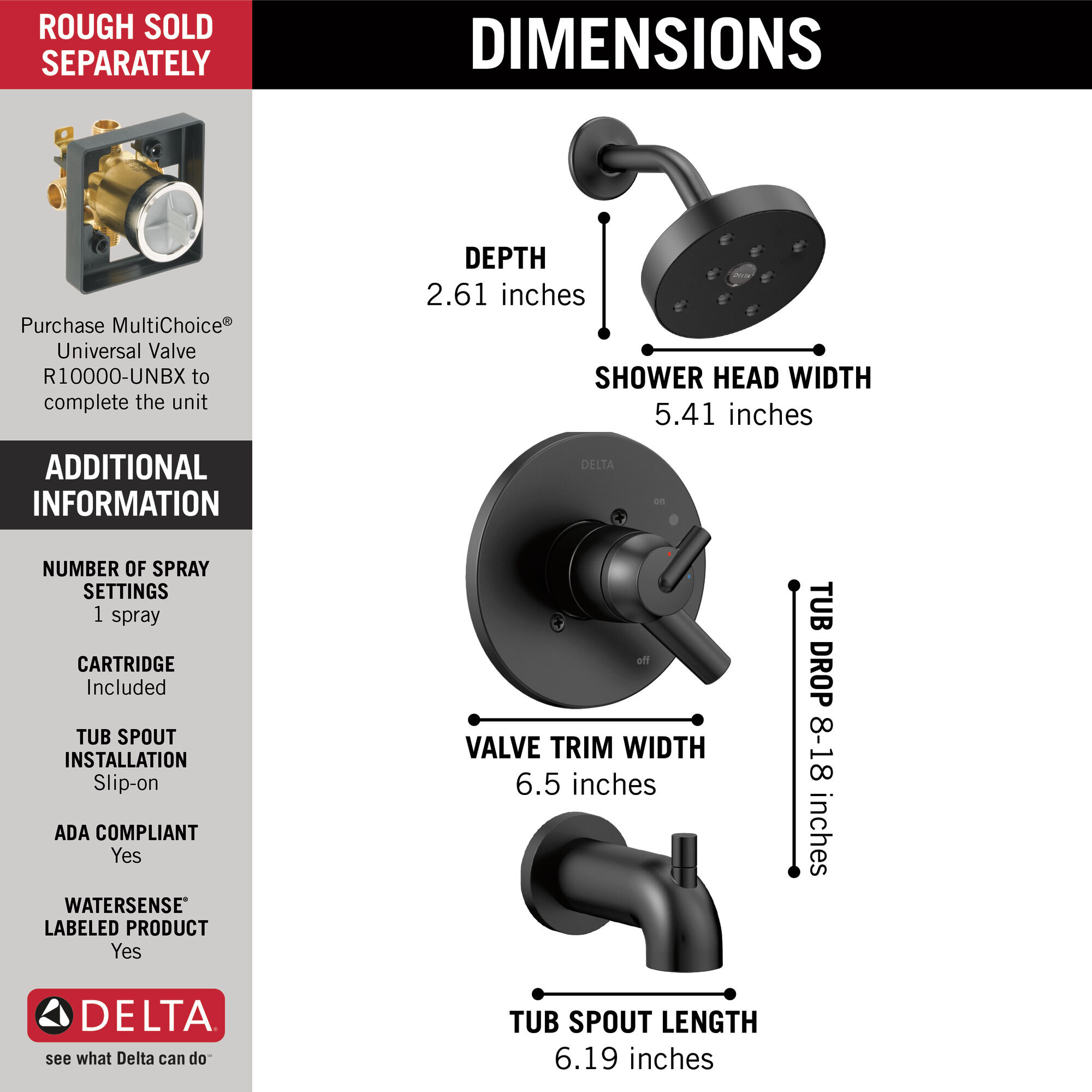 T17459-BL Monitor® 17 Series H2Okinetic® для ванны и душа Delta Faucet Trinsic Матовый черный  - Вид №2