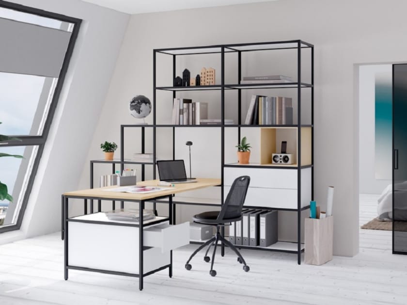 Алюминиевый и деревянный угловой стол с полками raumplus Creo ARCH-00119892