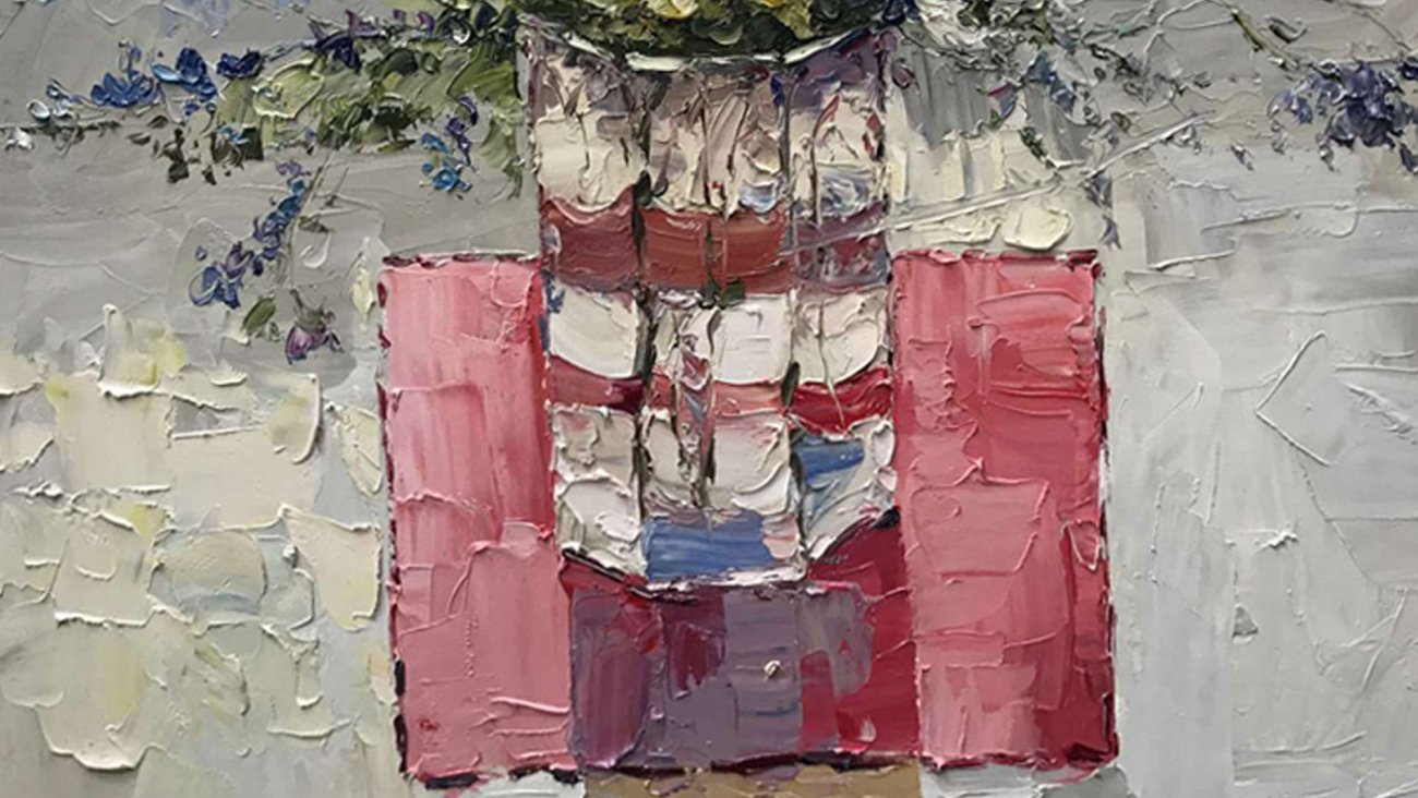 Картина на холсте 100х100 см "Цветы на столе - 2" EVENHOME КАРТИНЫ МАСЛОМ 129936 Голубой;зеленый;розовый;разноцветный  - Вид №1