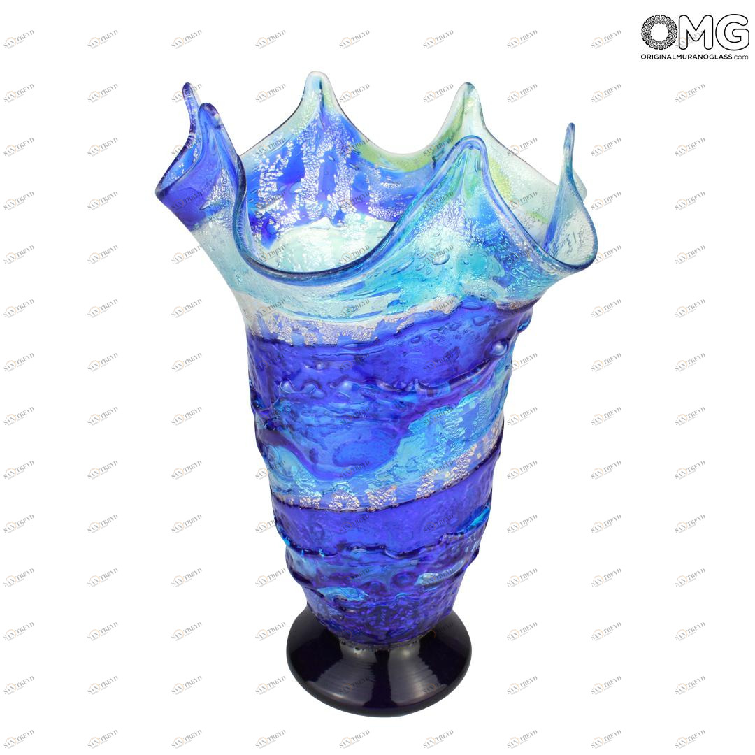 1832 ORIGINALMURANOGLASS Ваза Синие Волны Океана - сбруффи - муранское стекло 16 см 