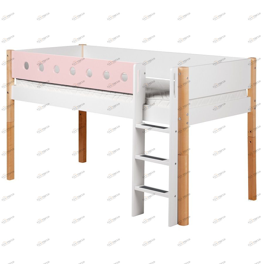 Кровать Flexa White с лестницей, 200 см, розовая лакированная 801730921