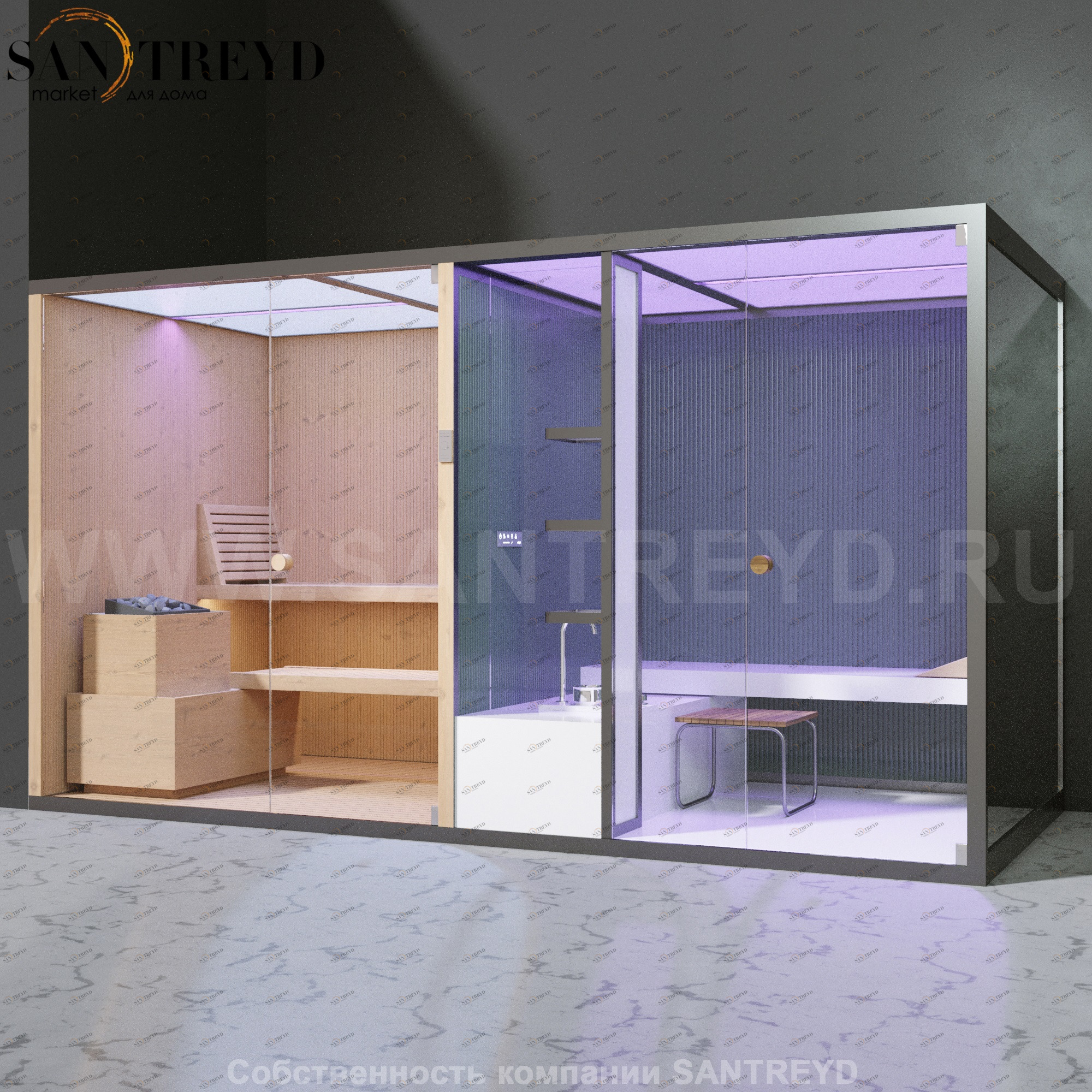 Effegibi BODYLOVE SH BL40140004 Фронтальная комбинированная баня: хаммам и сауна. Установка: в левый угол. Мощность: 15 кВт макс. Размеры: длина 393 см, ширина 176 см. Отделка: канадский хемлок, трубчатое стекло и гладкий хемлок.