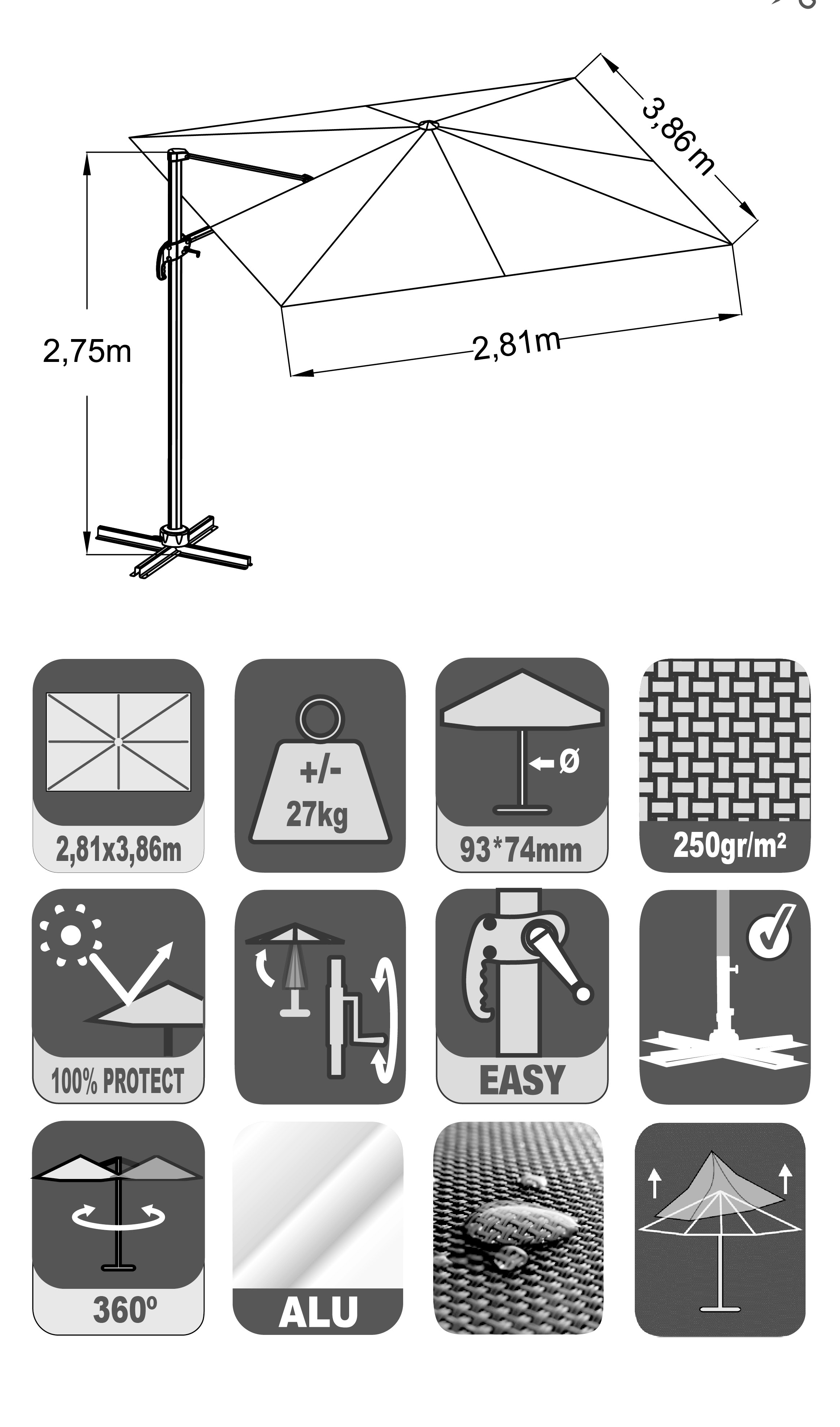 NATERIAL Зонт пляжный с боковой стойкой Aura 281x386 см, серый 82232818 STLM-0022480 - Вид №6