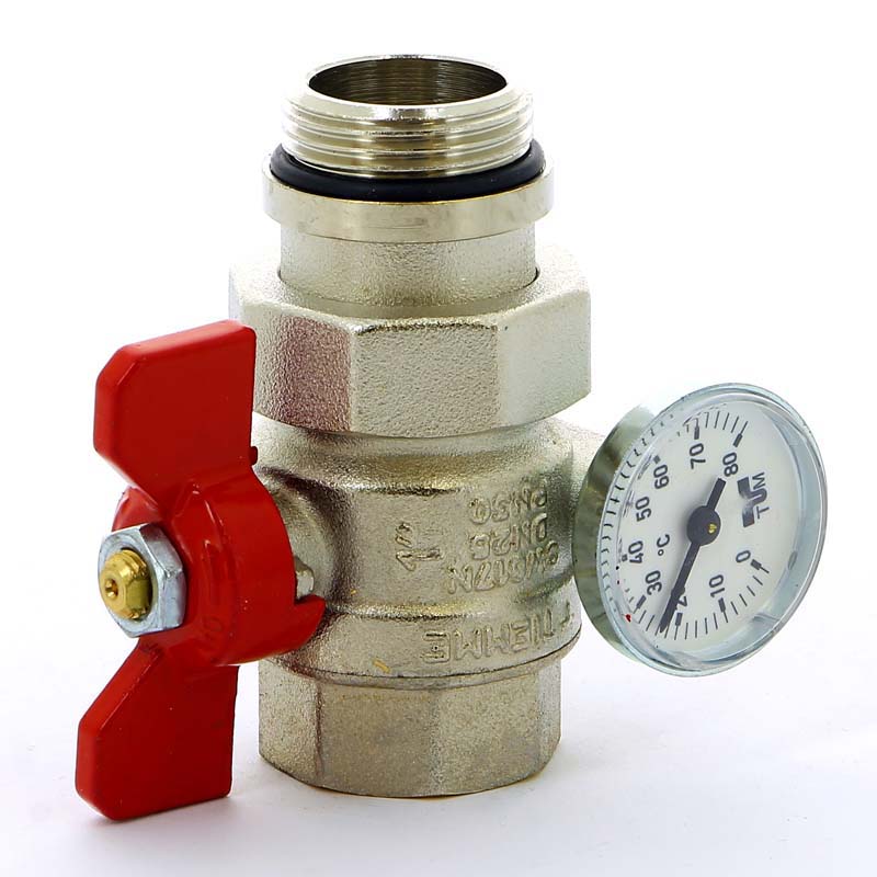 Кран шаровой НВ с разъемным соединением с термометром для коллектора бабочка TIEMME 1" бабочка красная 2120043 - Вид №4