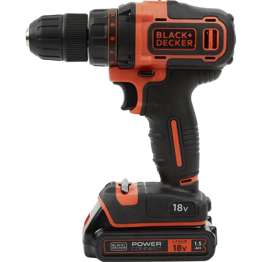 Дрель-шуруповерт аккумуляторная Black&Decker BDCDD186K1B-QW, 18 В Li-ion 2х1.5 Ач BLACK + DECKER STLM-2120237 - Вид №1