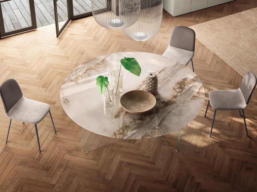 Круглый стол со стеклянным основанием и столешницей из XGlass с мраморным эффектом Lago AIR SLIM - 2260X ARCH-00130996