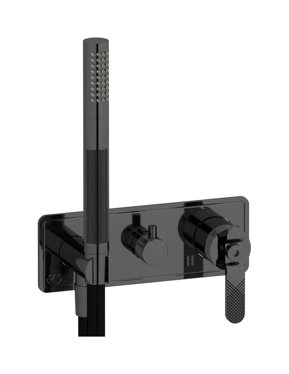 Внешние части встроенного в стену смесителя на 3 потребителя в комплекте с душевым гарнитуром. WE ARE IB b2314cf Black Chrome Bold