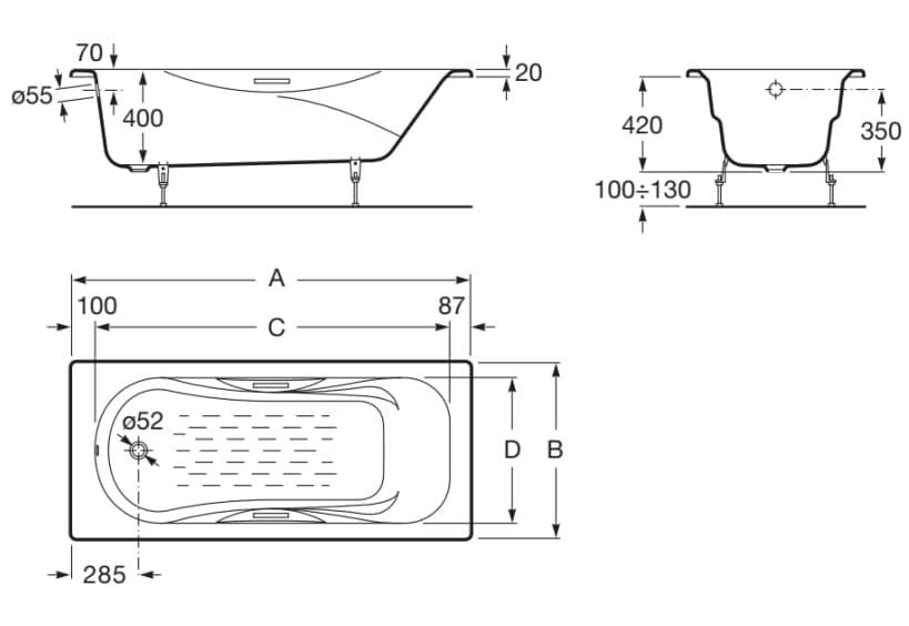 Утопленная чугунная нескользящая ванна Roca Malibu ARCH-00027245 - Вид №5
