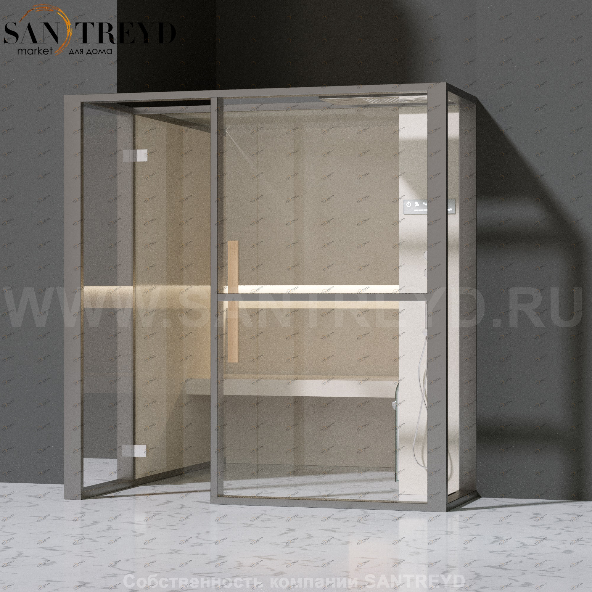 Effegibi LOGICAFILO H LO31010011 Хаммам. Установка: в полунишу. Правая дверь. Мощность: 4,5 кВт макс. Размеры: длина 214 см, ширина 250 см. Отделка: матовый лакированный серый аллюминий и бежевый ламинат из керамогранита.