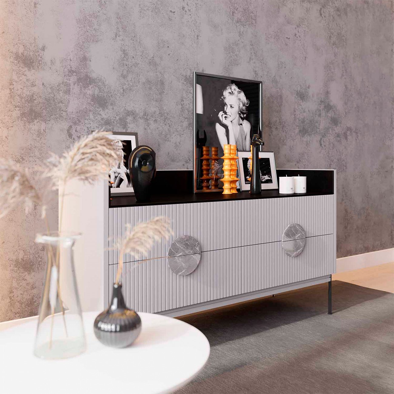 Комод низкий с металлическими ножками светло-серый Alto Black BRAGIN DESIGN ДИЗАЙНЕРСКИЕ, LIVING 00-3862445 Серый;черный  - Вид №1