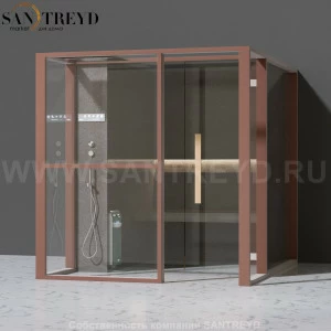 Effegibi LOGICAFILO H LO31030002 Хаммам. Установка: к стене. Левая дверь. Мощность: 4,5 кВт макс. Размеры: длина 214 см, ширина 250 см. Отделка: матовый лакированный коричневый аллюминий и темный ламинат из керамогранита.