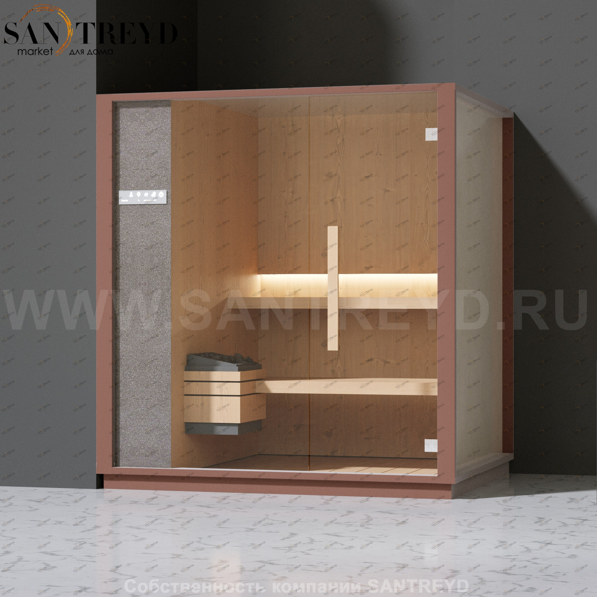 Effegibi ONE S LO50030006 Сауна. Установка: в левый угол. Левая дверь. Мощность: 6 кВт макс. Размеры: длина 214 см, ширина 171 см. Отделка: канадский хемлок, матовый лакированный серый аллюминий и бежевый ламинат из керамогранита.