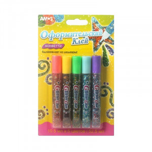 20630 Клей оформительский "Конфетти", 5 цветов по 10,5 мл в блистере. 12/192 AMOS