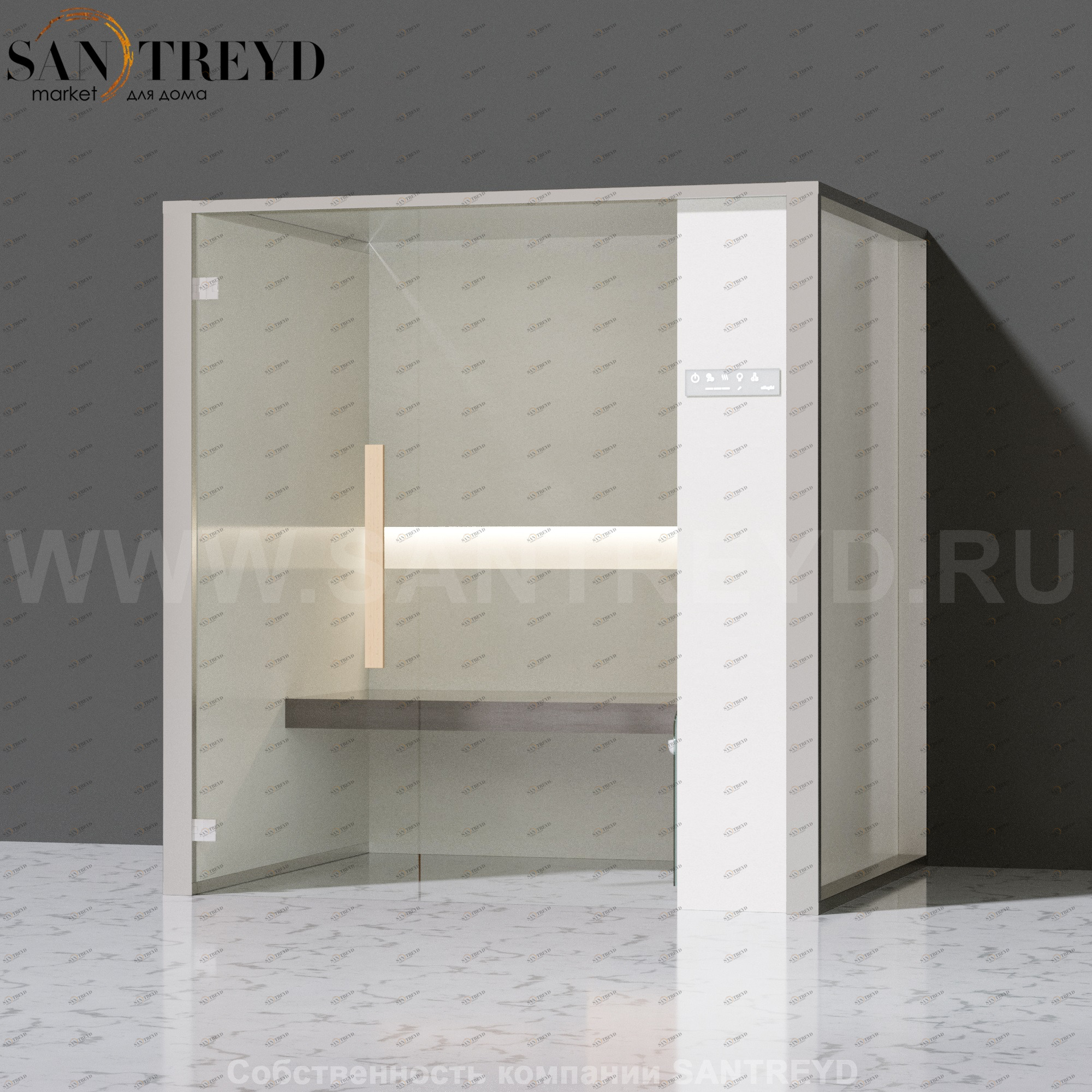 Effegibi ONEFILO H LO61020001 Хаммам. Установка: к стене. Правая дверь. Мощность: 4,5 кВт макс. Размеры: длина 214 см, ширина 171 см. Отделка: Отделка: матовый лакированный белый аллюминий и серый ламинат из керамогранита.