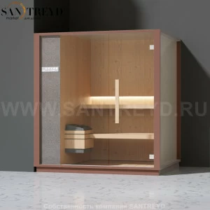 Effegibi ONE S LO50030006 Сауна. Установка: в левый угол. Левая дверь. Мощность: 6 кВт макс. Размеры: длина 214 см, ширина 171 см. Отделка: канадский хемлок, матовый лакированный серый аллюминий и бежевый ламинат из керамогранита.