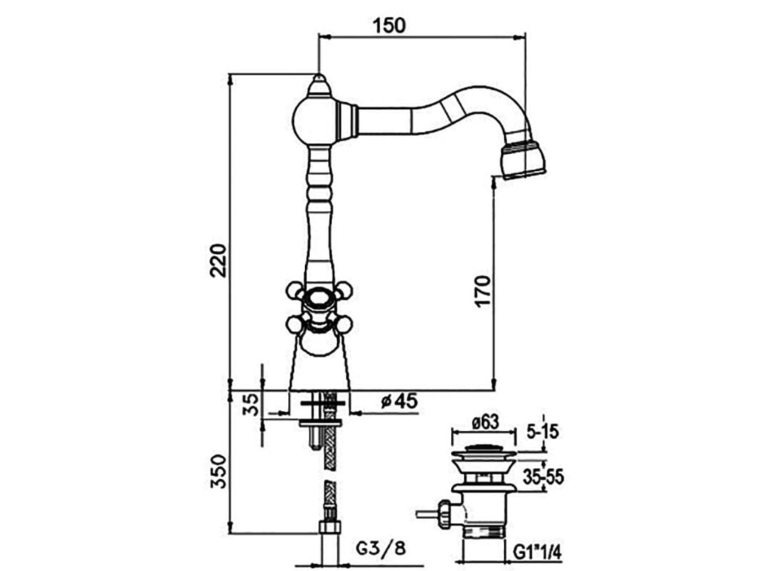 Смеситель для раковины с одним отверстием GUGLIELMI RUBINETTERIE классическая ARCH-00080380 - Вид №7