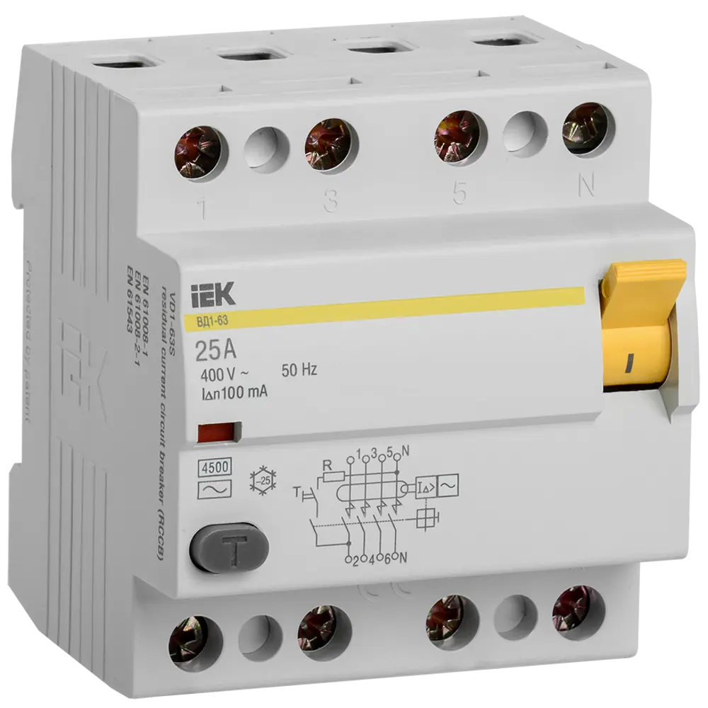 УЗО IEK ВД1-63 4Р 25 А 100 мА 4.5 кА AC MDV10-4-025-100 84300214 STLM-2083032  - Вид №1