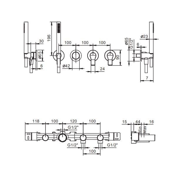 Настенный набор для ванны с 4 отверстиями и ручным душем ABOUTWATER AL/23 ARCH-00091367 - Вид №1