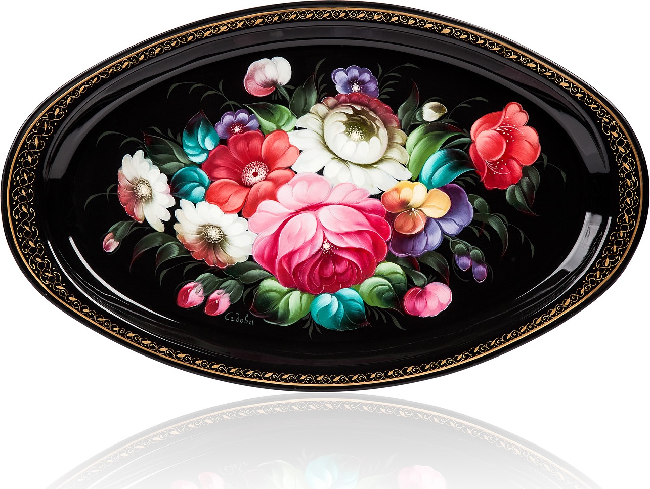10618047 Жостовская фабрика декоративной росписи Поднос 41х25см НХПР "Цветы" Сталь 