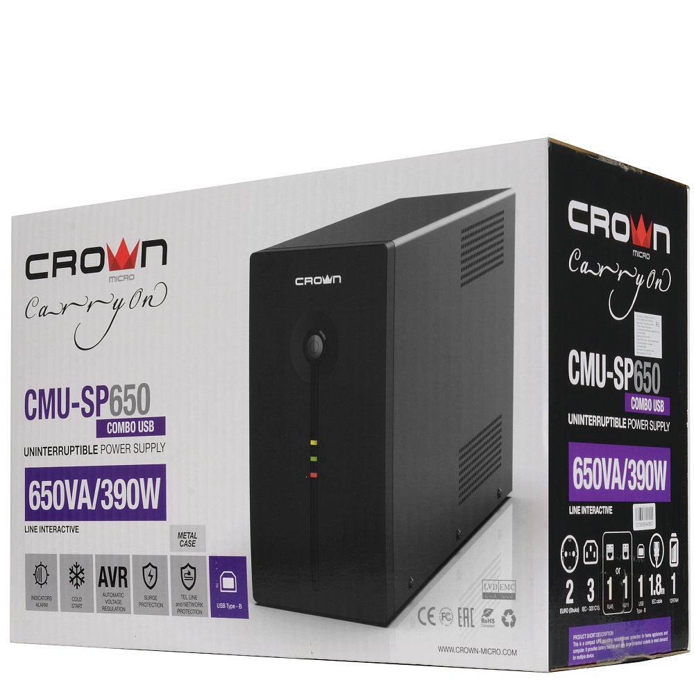CMU-SP650 COMBO USB Ups 650va/390w, металл, 1x12v/7ah, розетки 3*iec + 2*euro, трансформатор avr 140-290v, com порт usb, съёмный кабель 1.8м, фильтр телефонной и ethernet линии rj-11/45, usb-порт, защита батареи, от перегрузки, от кз, по Crown Santreyd  - Вид №4
